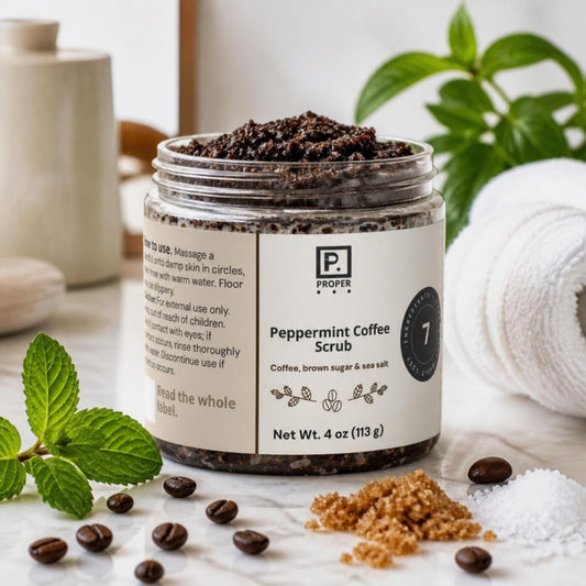 Proper Peppermint Coffee Scrub with coffee beans, sugar and mint