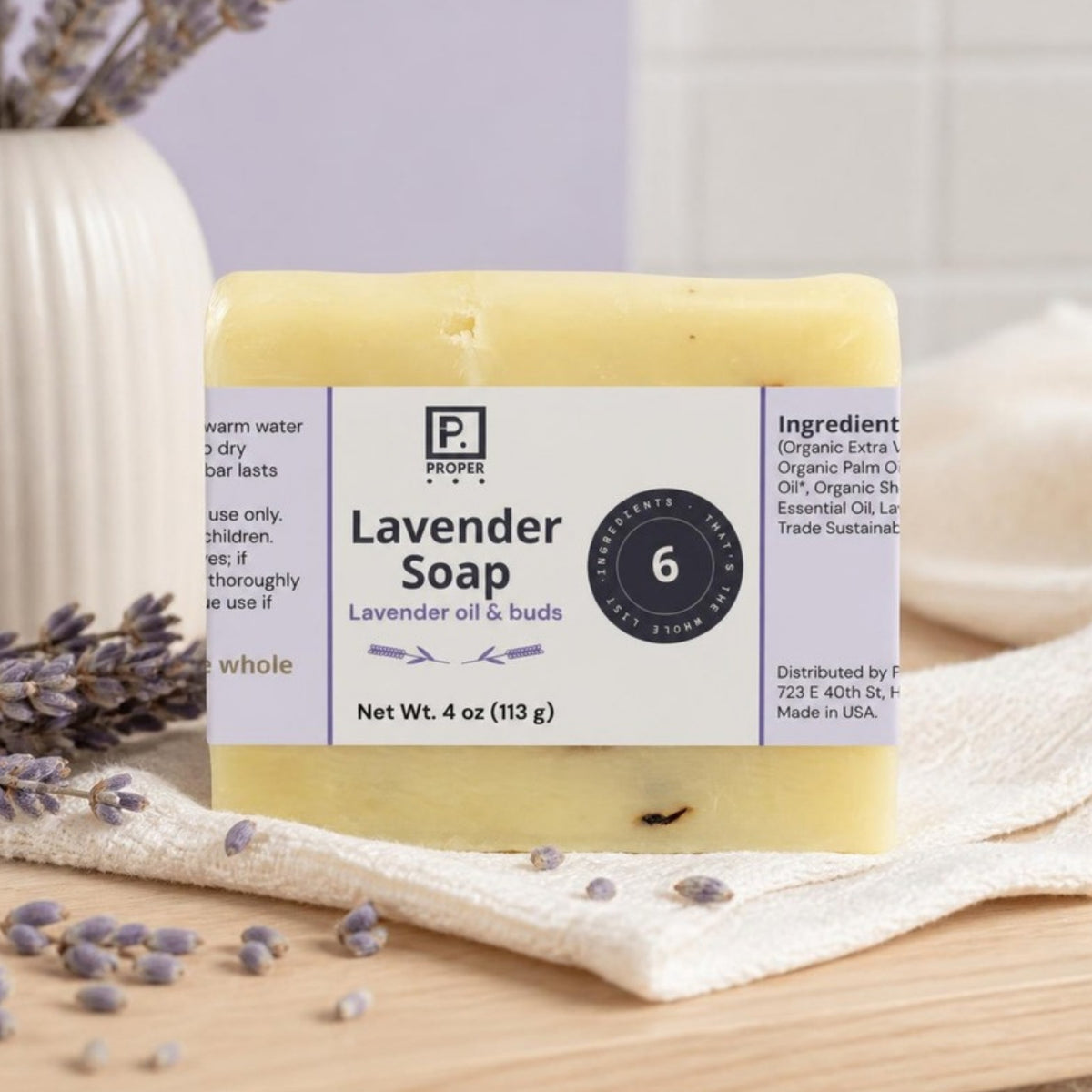 Proper Lavender Soap on linen with dried lavender