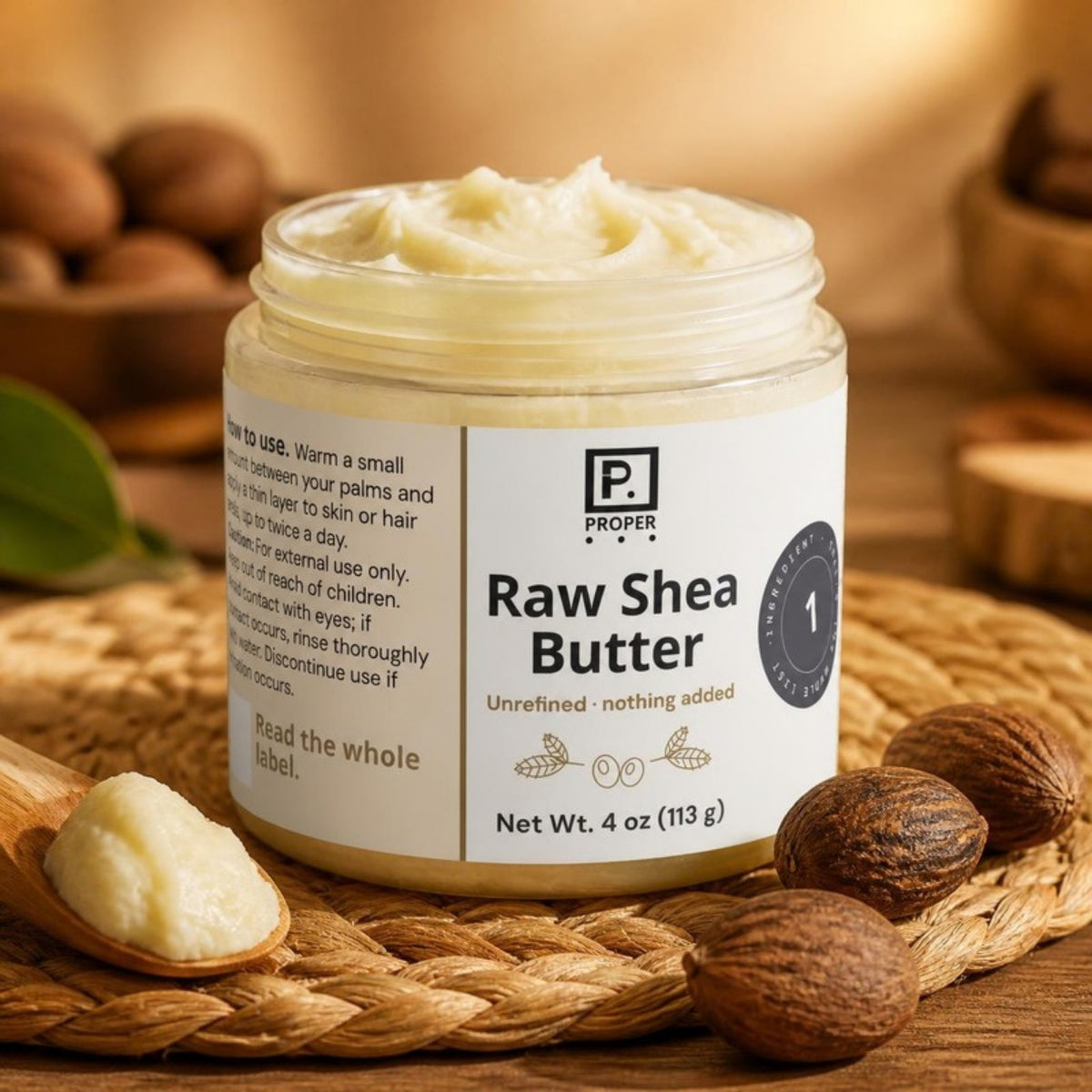 Proper Raw Shea Butter jar with shea nuts